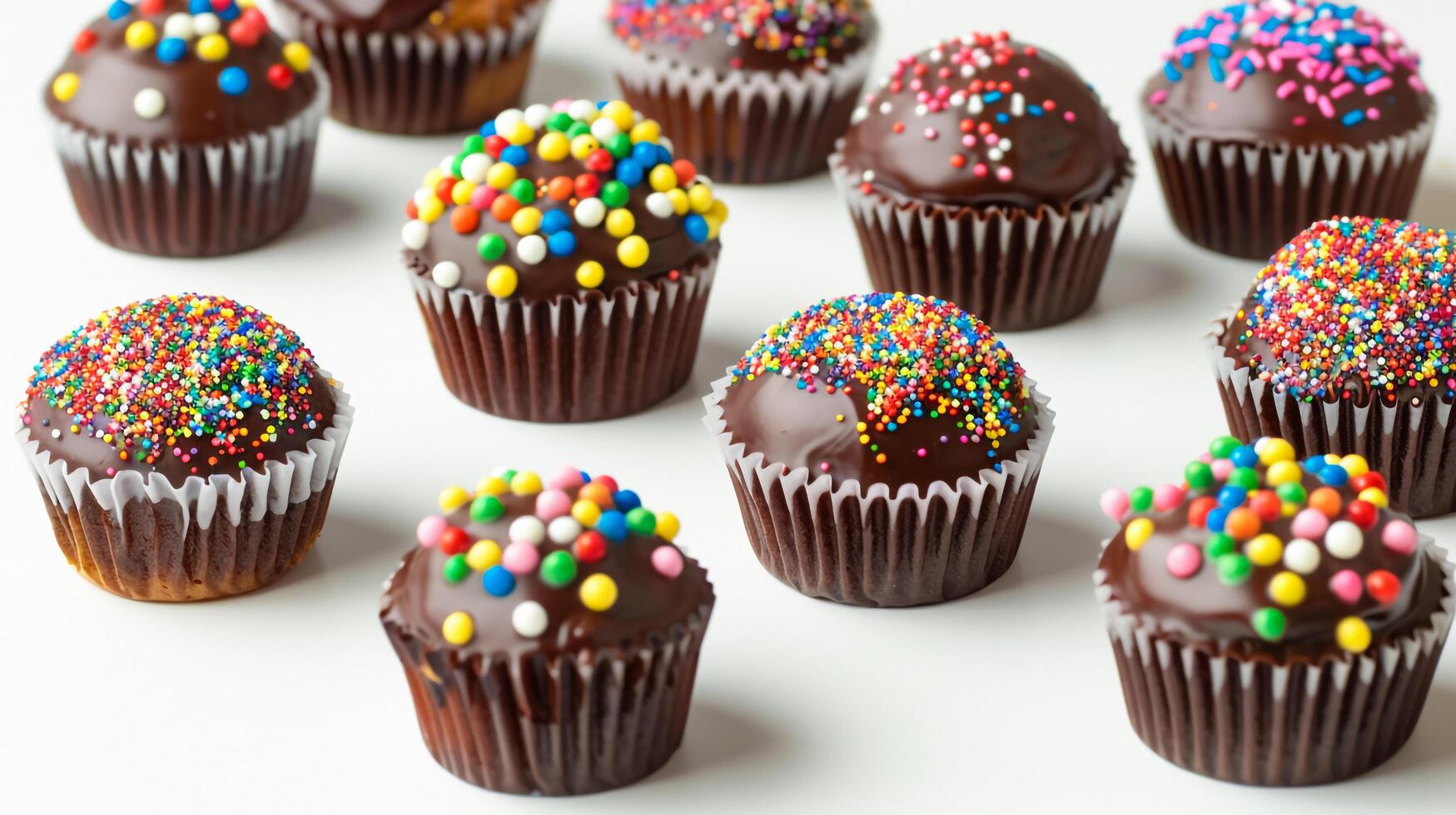 A group of chocolate cupcakes with sprinkles photo