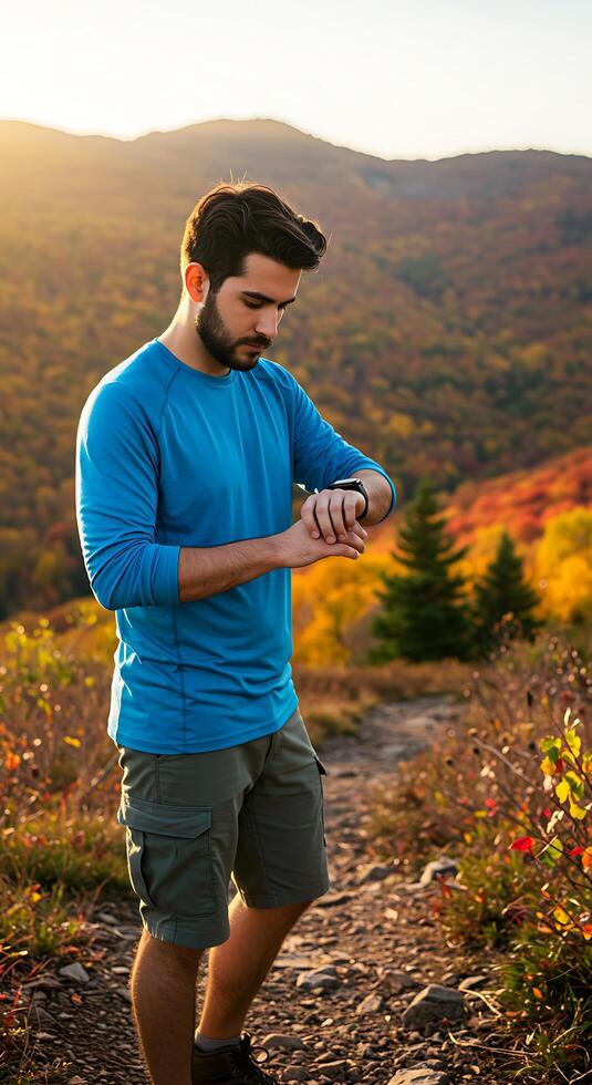 A man is standing on a trail looking at his watch photo