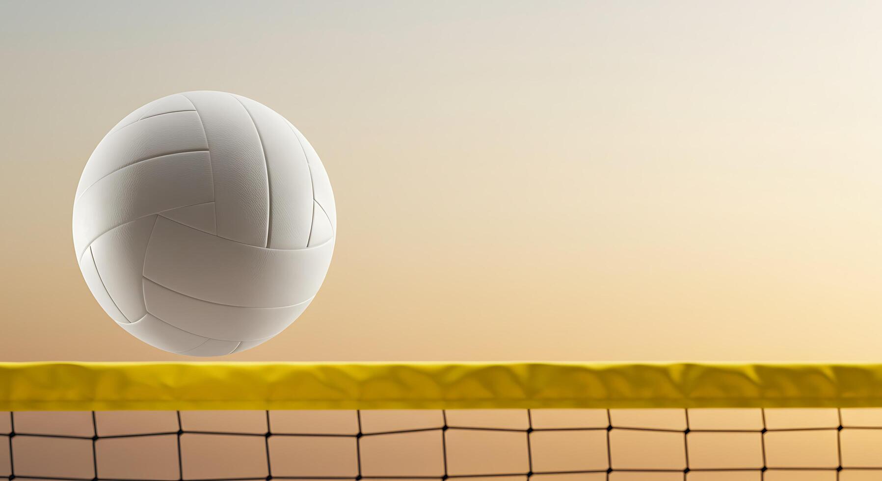 Volleyball ball on the net with a sunset background photo