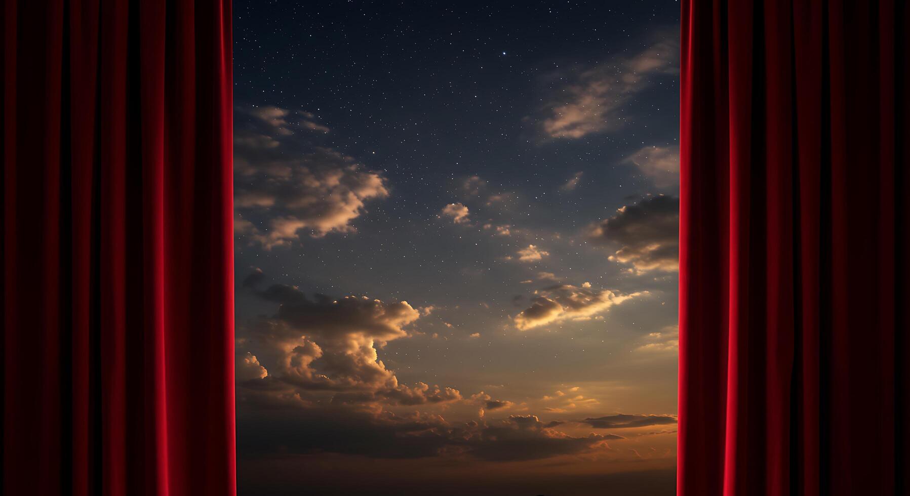 A red curtain is open to show the sky photo