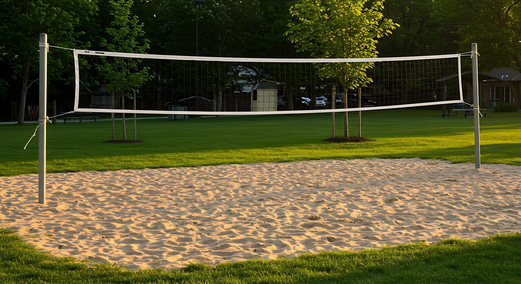 A volleyball net in a park photo