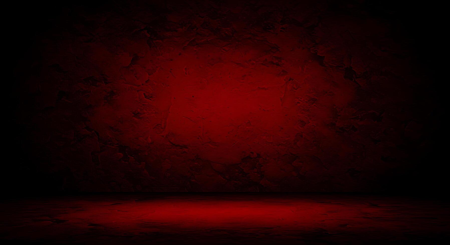 A dark red room with a red wall and a light photo