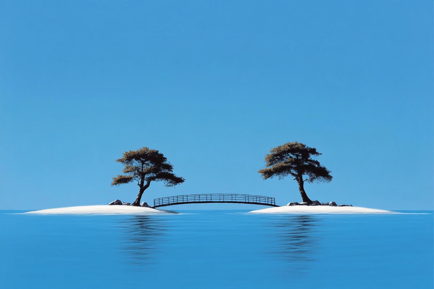 Two trees on an island with a bridge over the water photo
