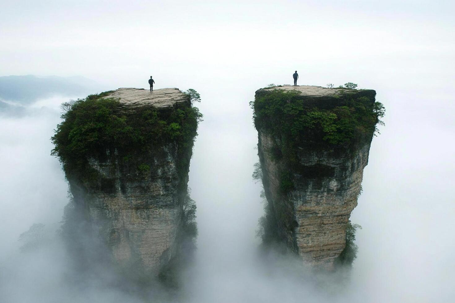 Two people stand on top of two rock formations in the clouds photo