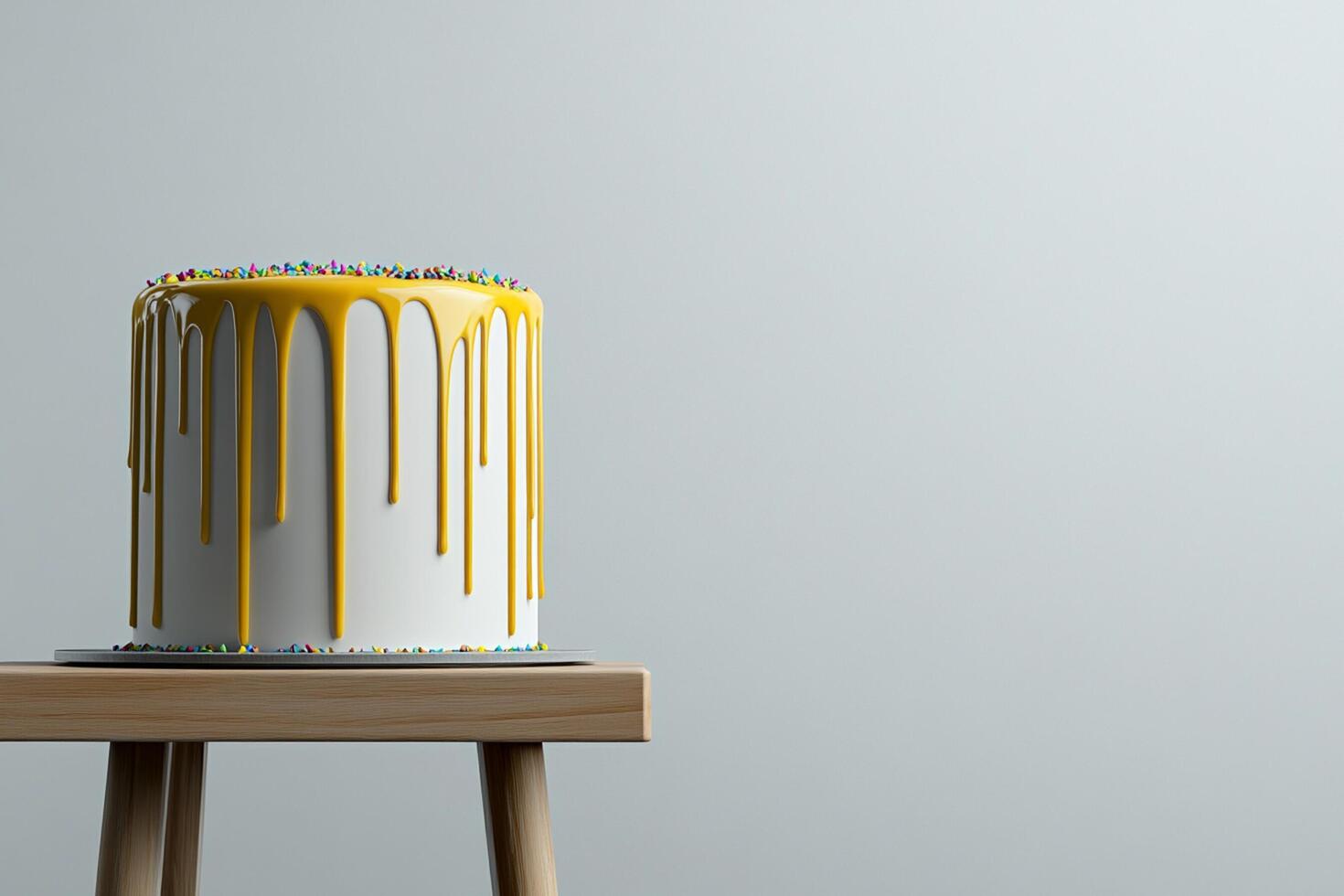 A cake with yellow icing on top of a wooden stand photo
