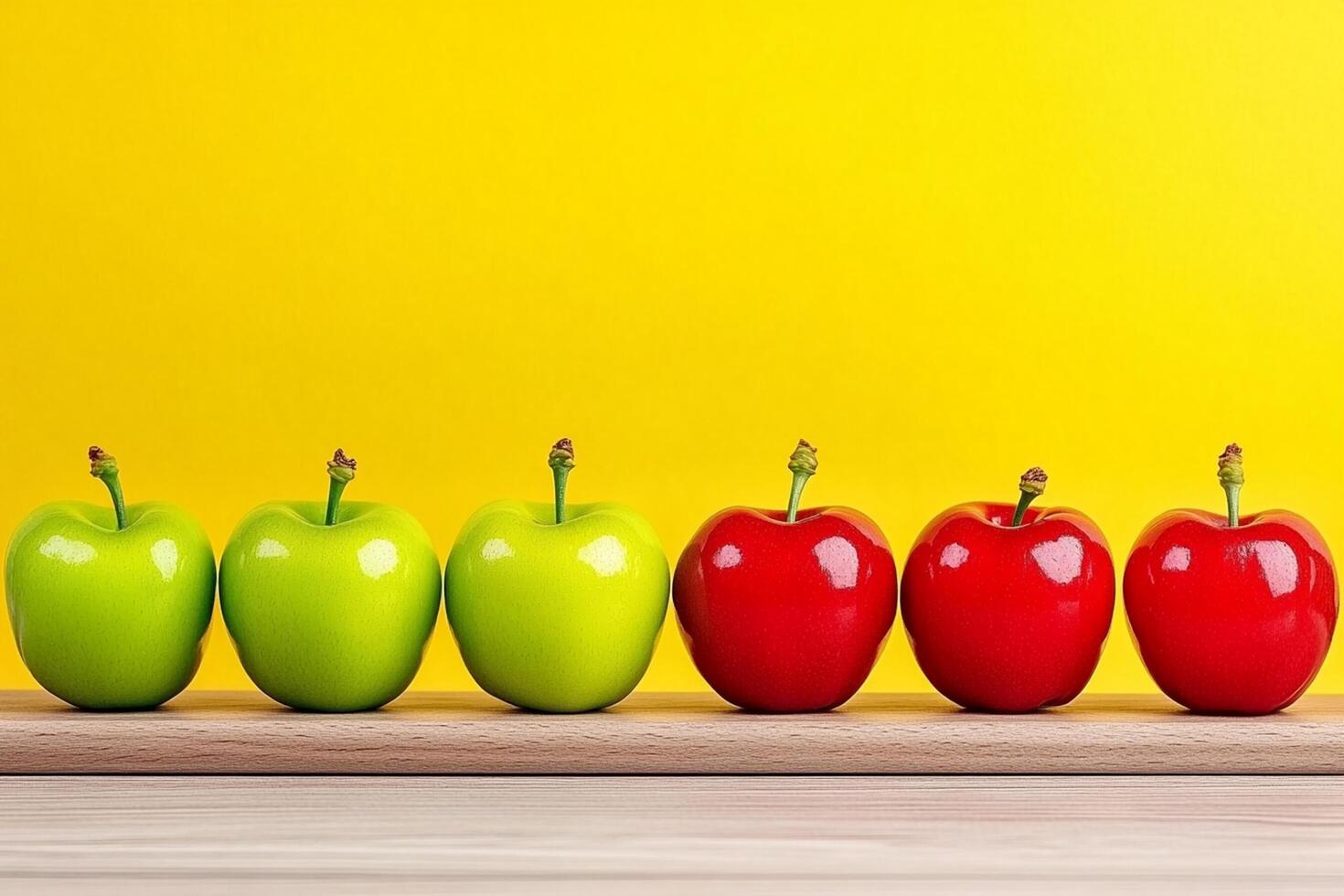 Five apples are lined up on a wooden board photo