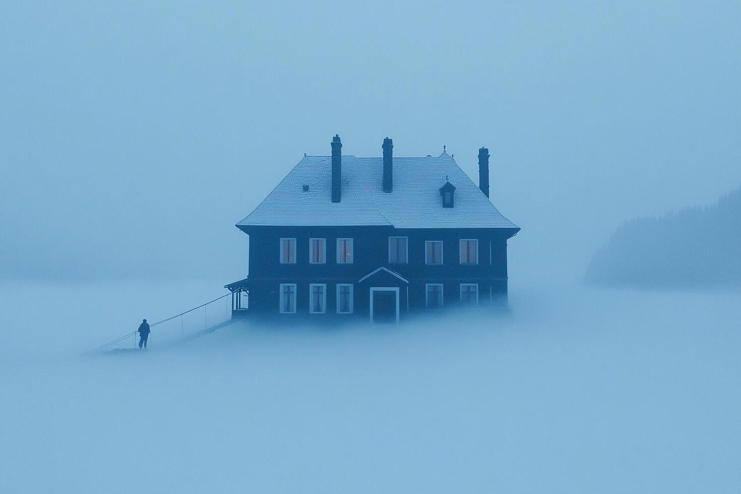 A house in the fog with a person standing on the roof photo