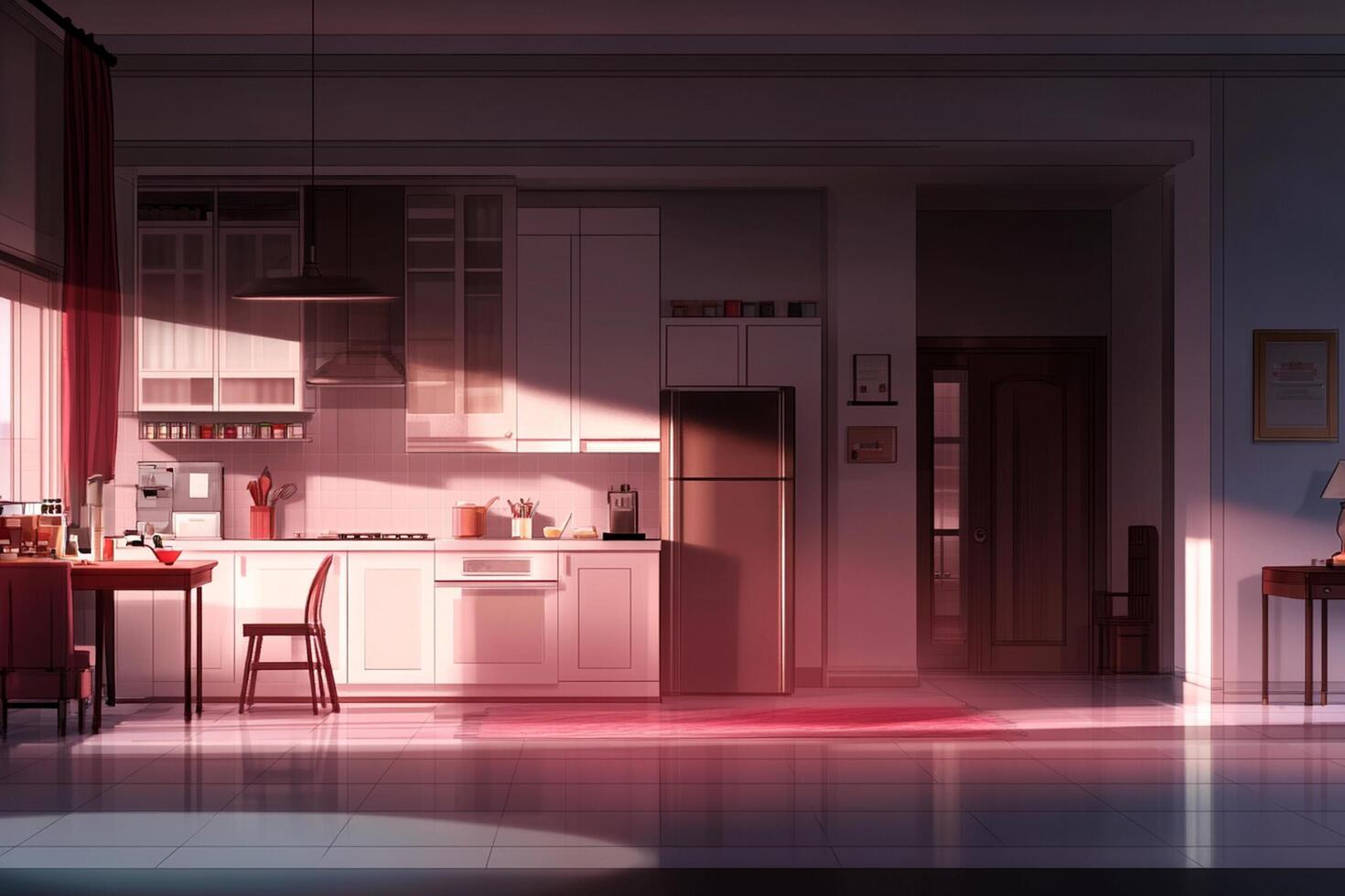 A kitchen with a table and chairs in front of a window photo
