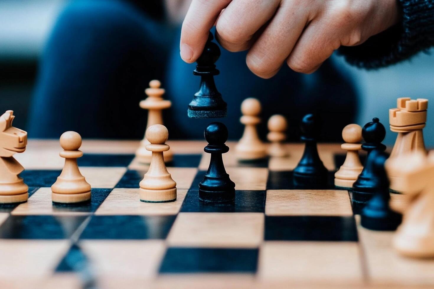 A person is playing chess on a board photo