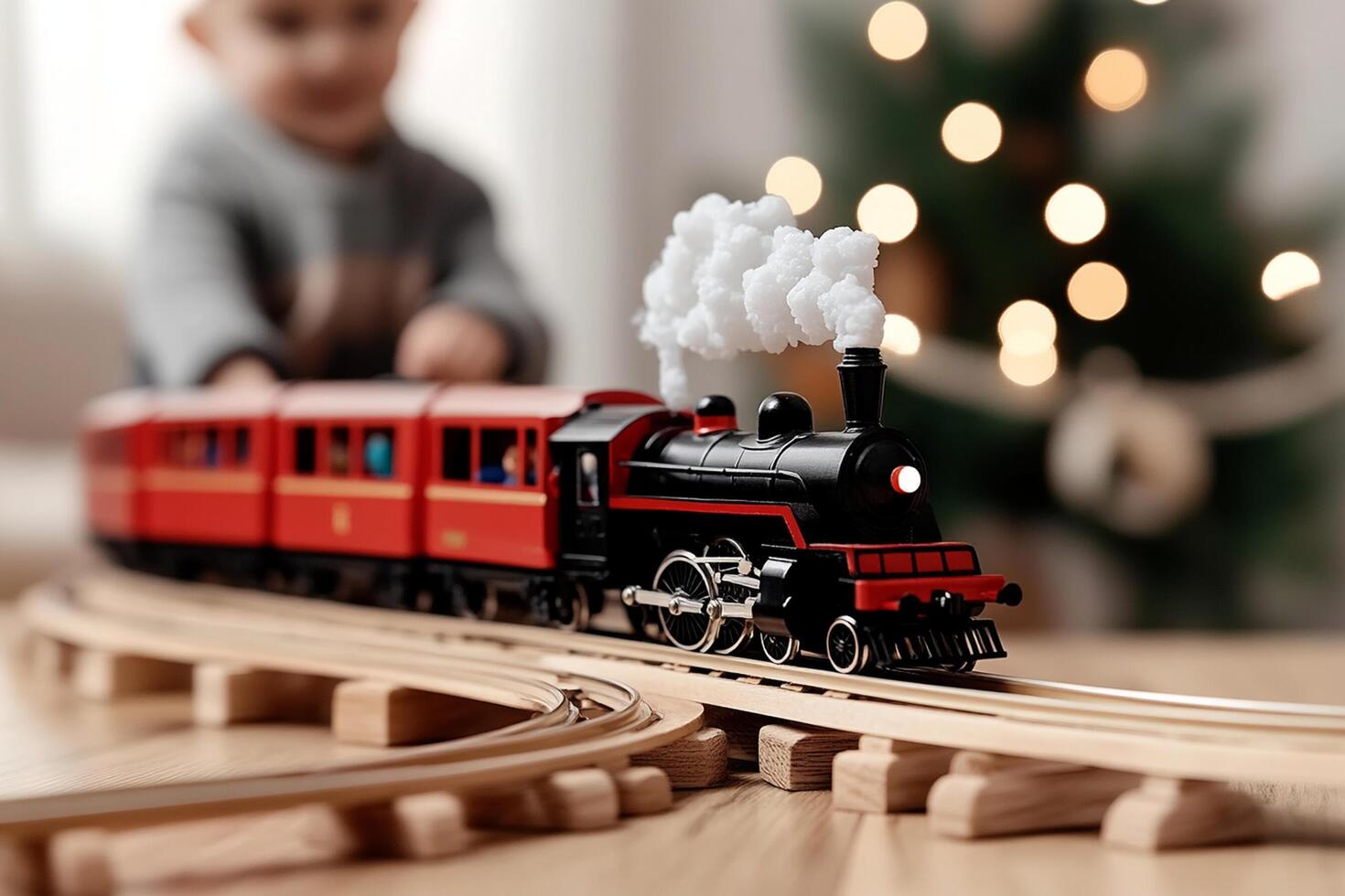 A small child playing with a toy train on a wooden table photo