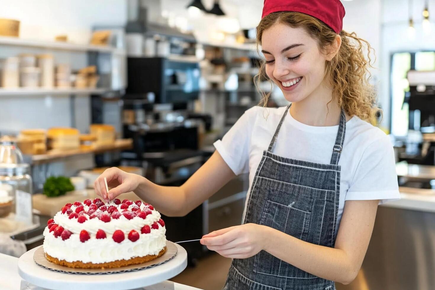 A woman in an apron is holding a cake photo
