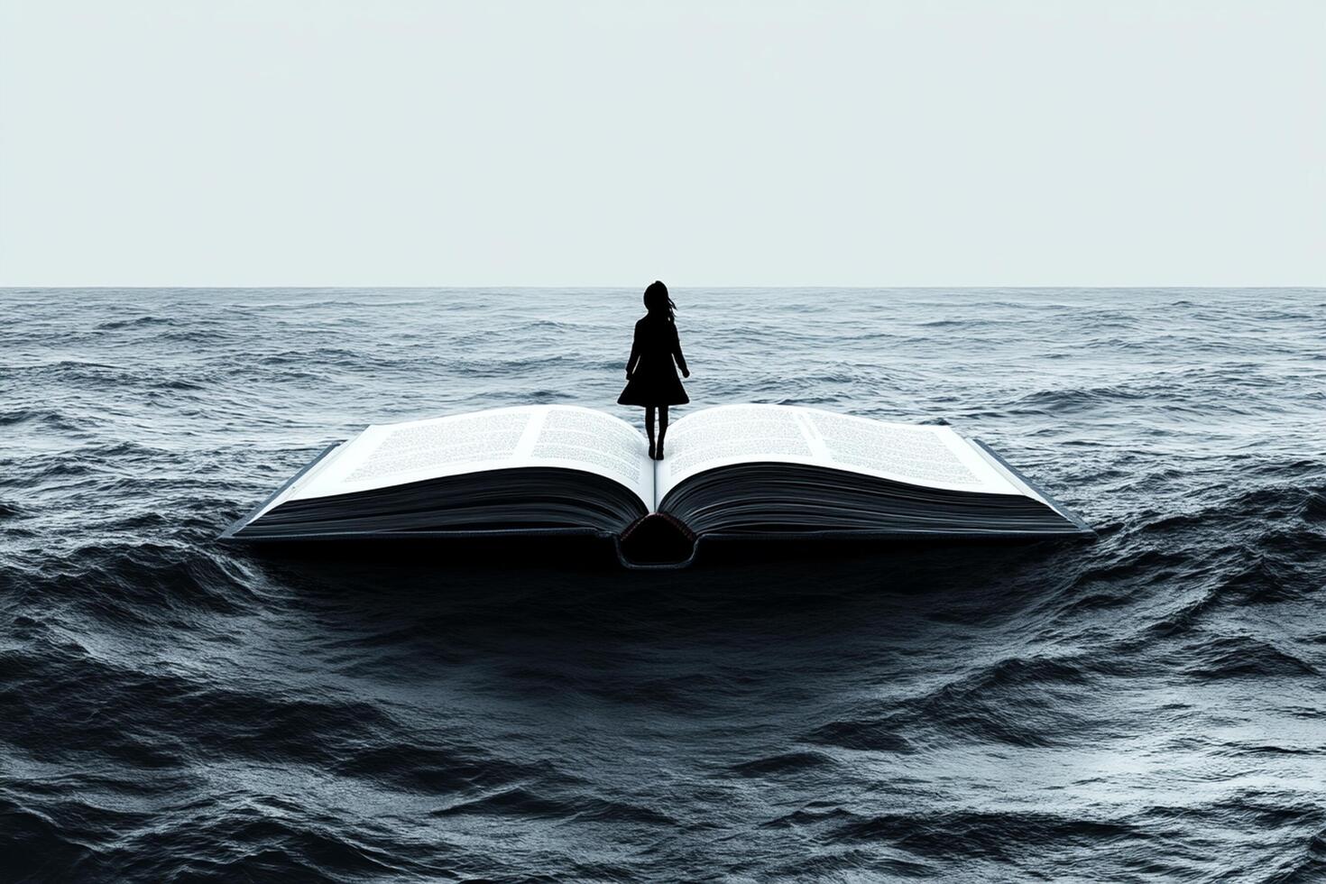 A woman standing on top of an open book in the ocean photo