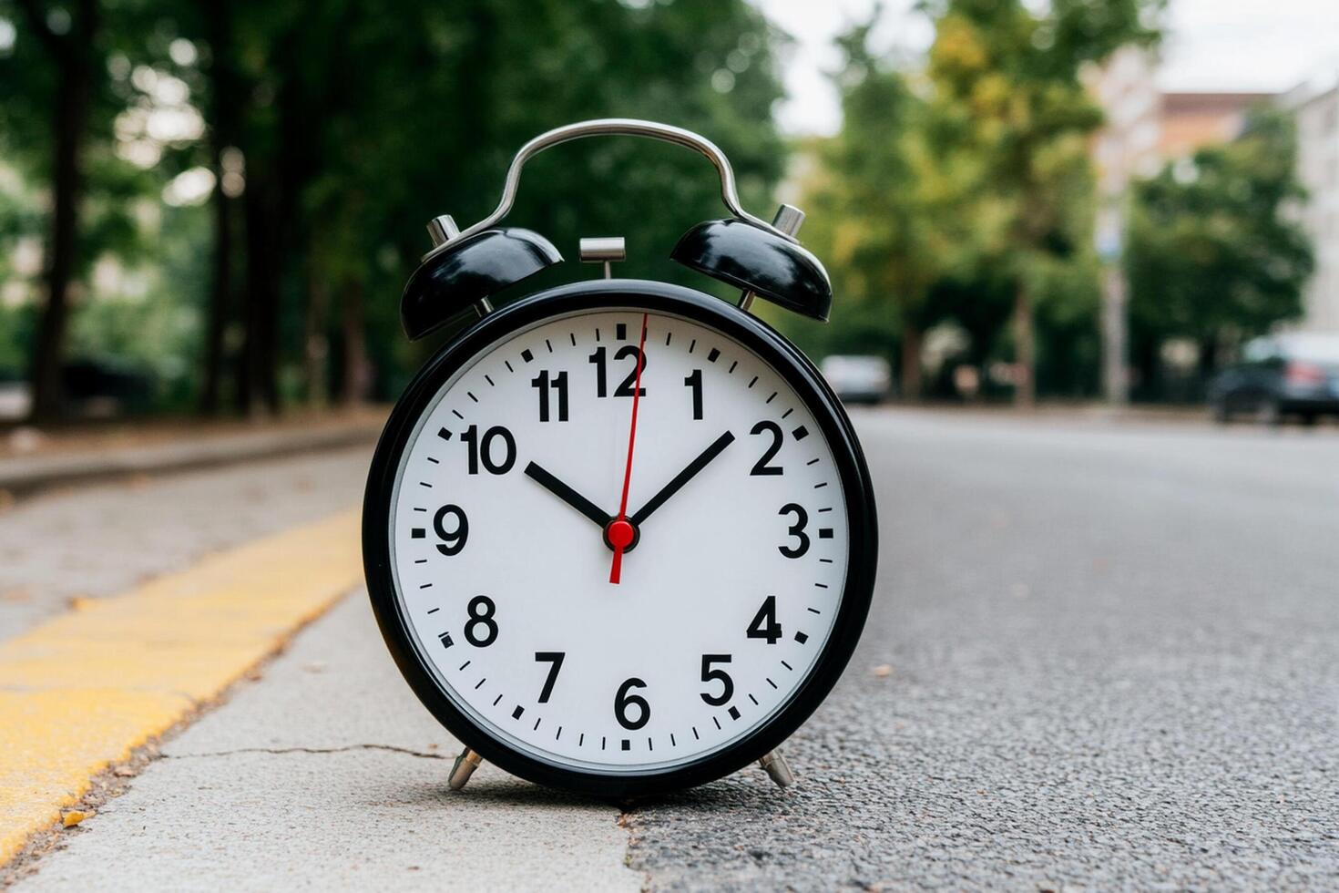 An alarm clock sitting on the side of a road photo