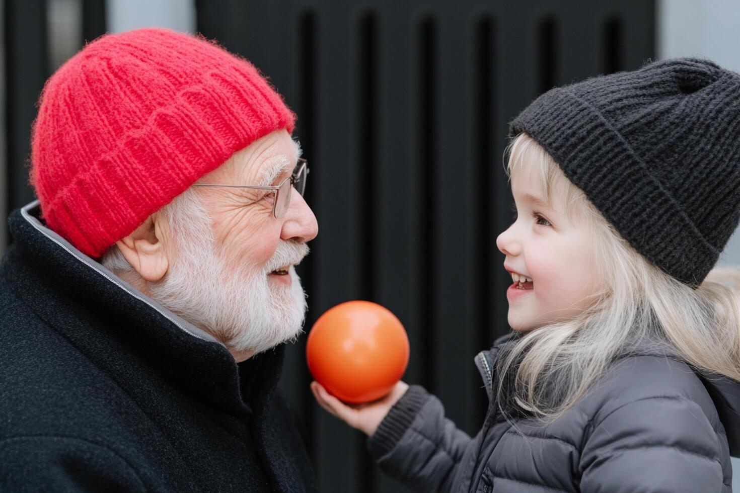 A little girl holding an orange ball while an older man looks on photo