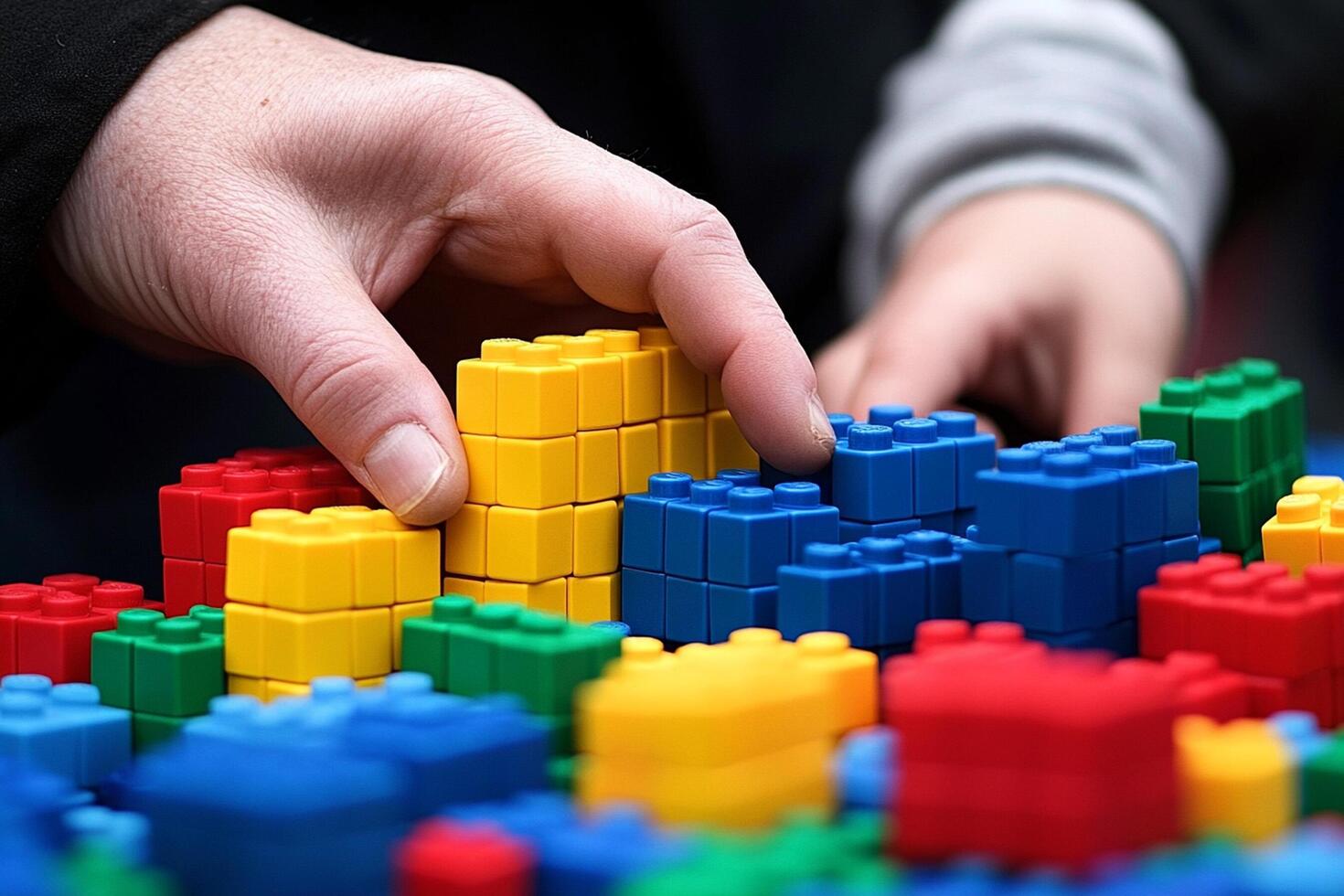 A child's hand is holding a large pile of colorful lego blocks photo
