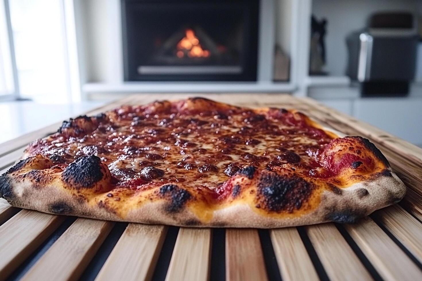 A pizza sitting on top of a wooden table photo