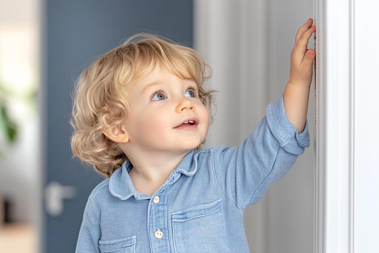 A young child is standing in front of a door photo