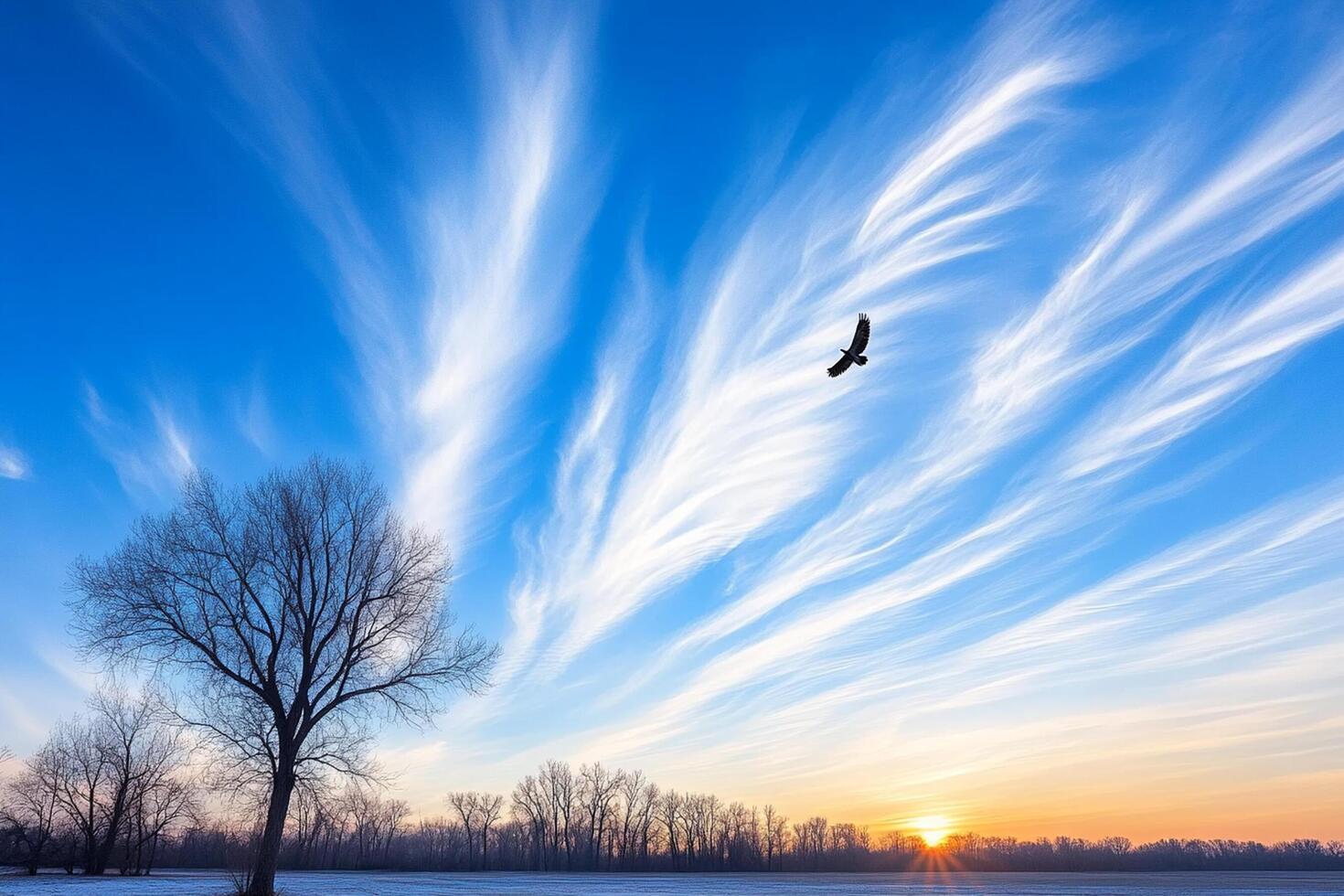 A bird flying over a field with a tree in the background photo