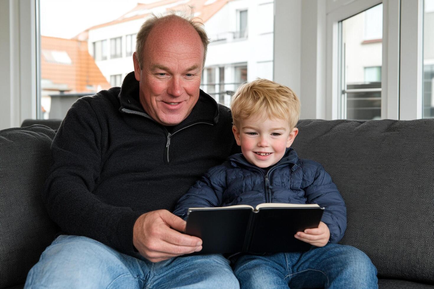A man and a boy sitting on a couch reading a book photo