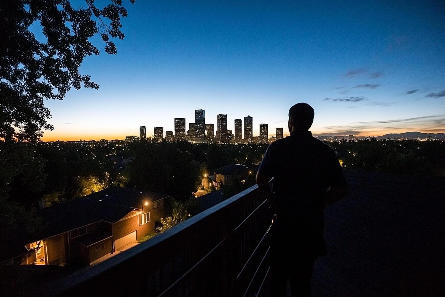 A man stands on a balcony overlooking the city skyline photo