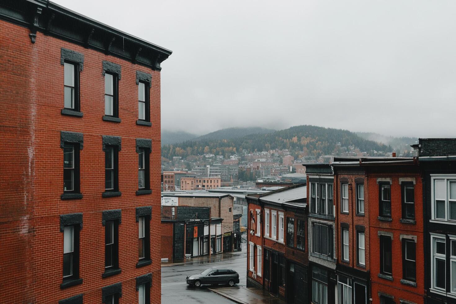 A view of a city street with a car parked on the side photo