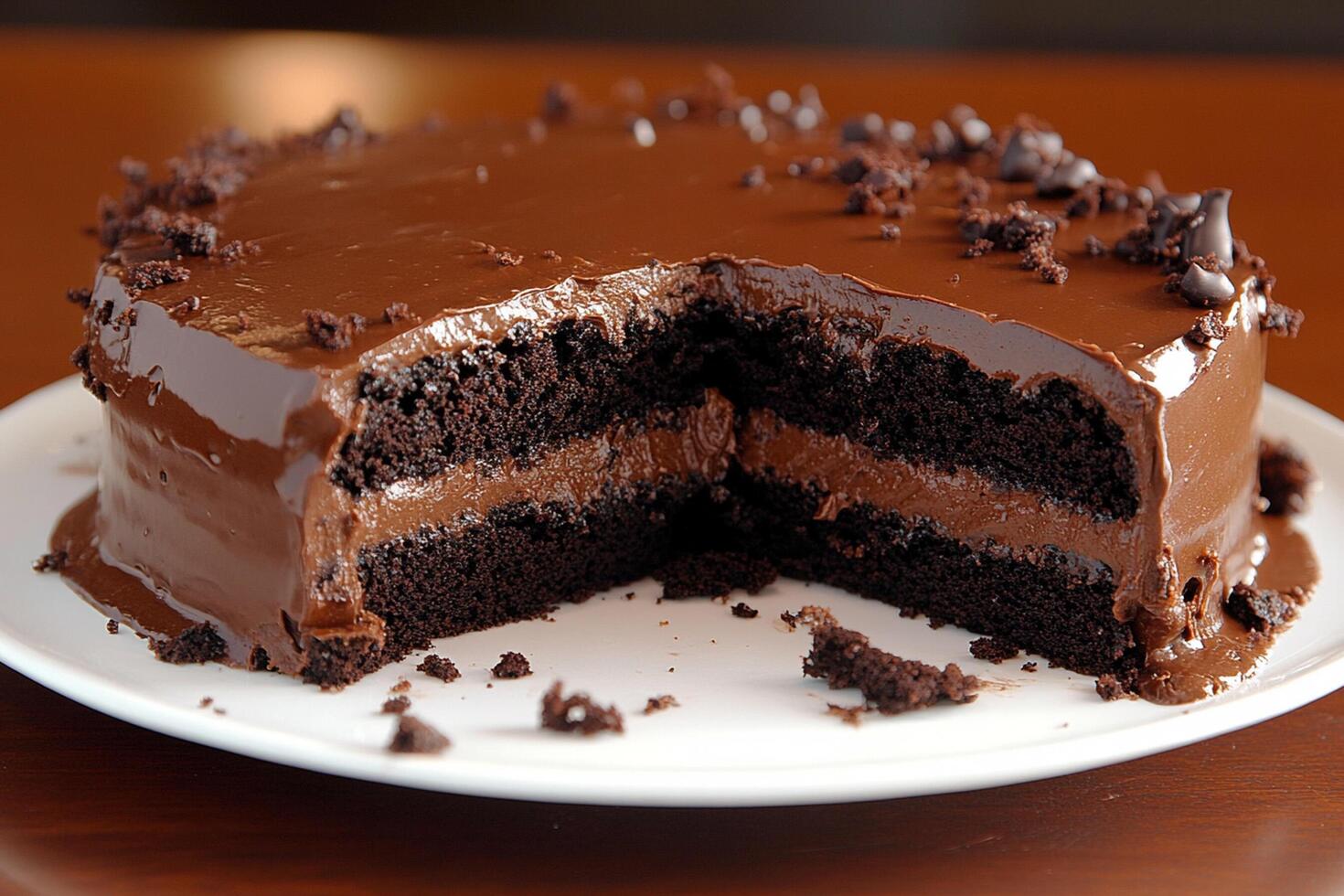 A chocolate cake with a slice missing on a plate photo