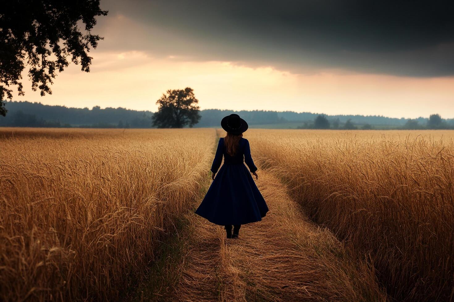 A woman in a blue dress walks through a field photo