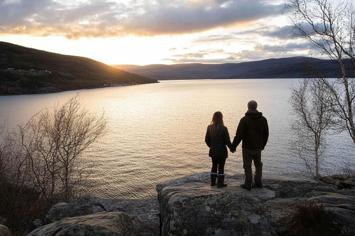 A couple holding hands at sunset on a cliff overlooking a lake photo