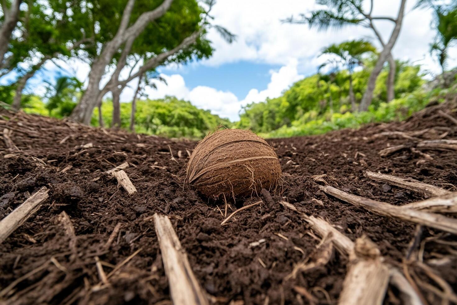 A coconut is sitting in the dirt on the ground photo