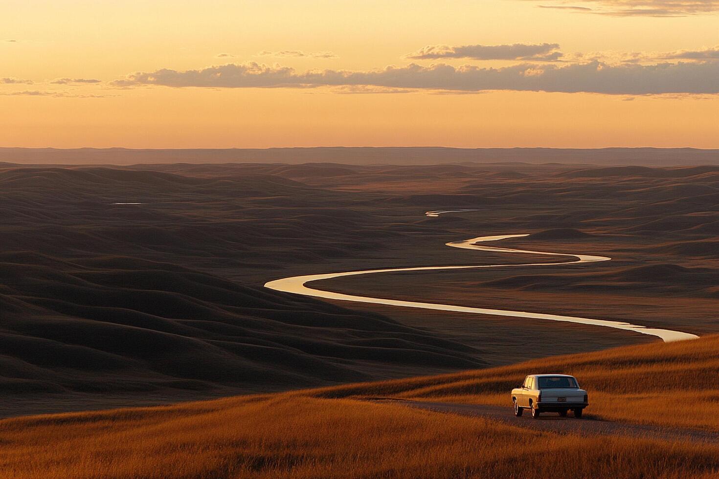 A car driving down a road with a river in the background photo