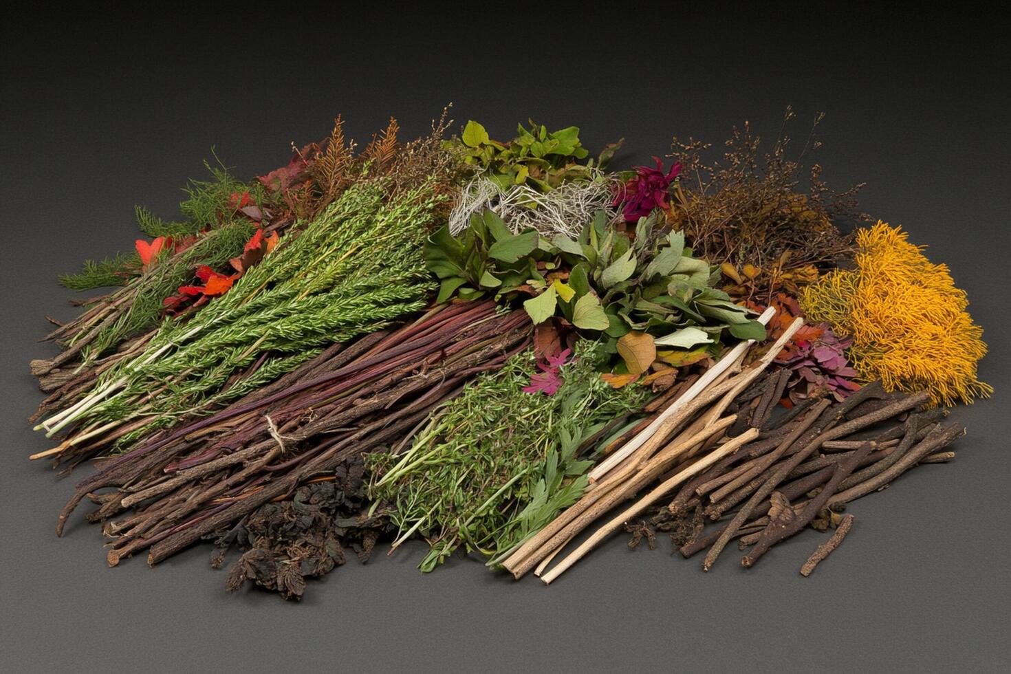 A variety of herbs and plants are arranged in a circle photo