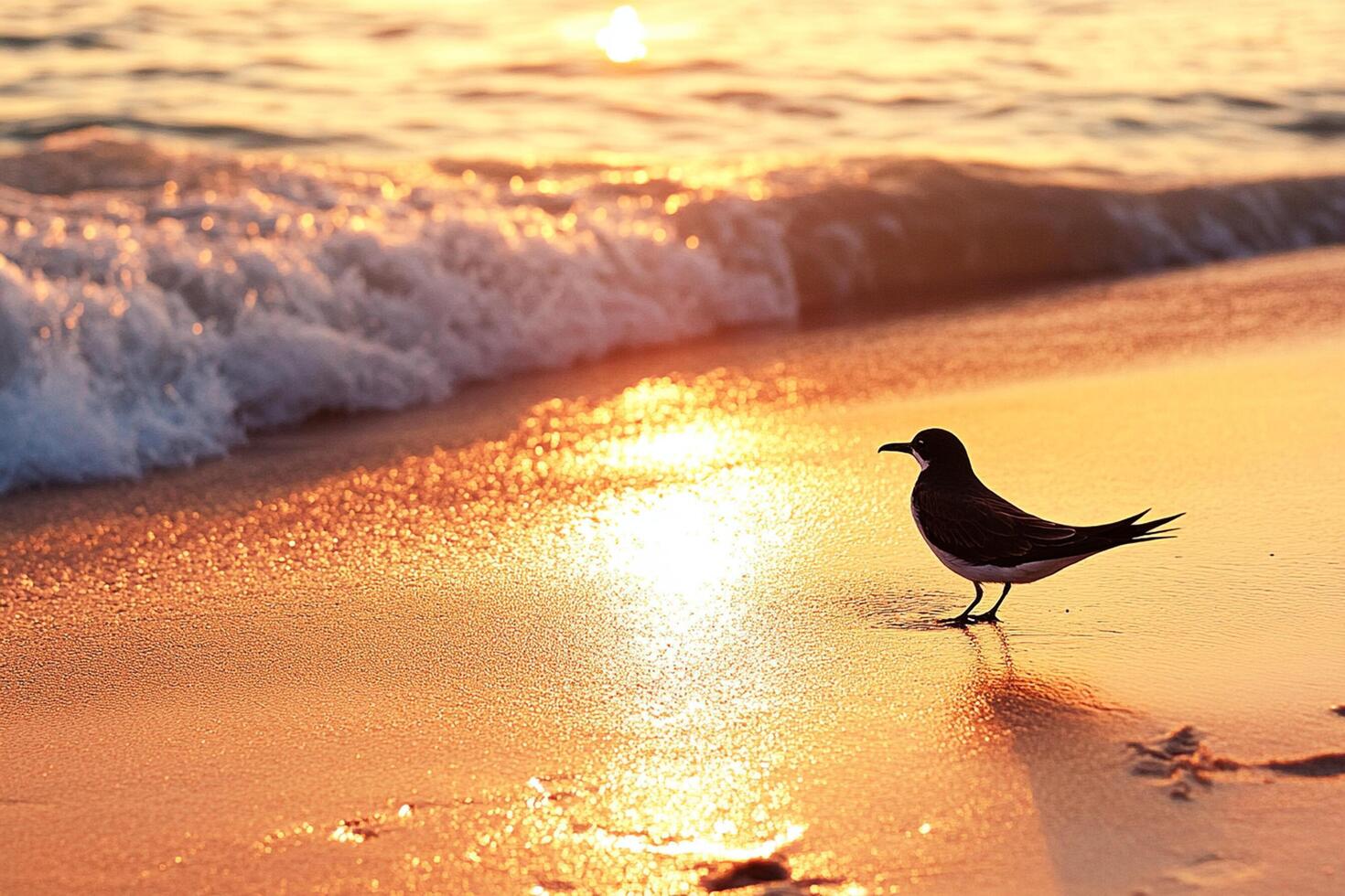 A bird standing on the beach at sunset photo