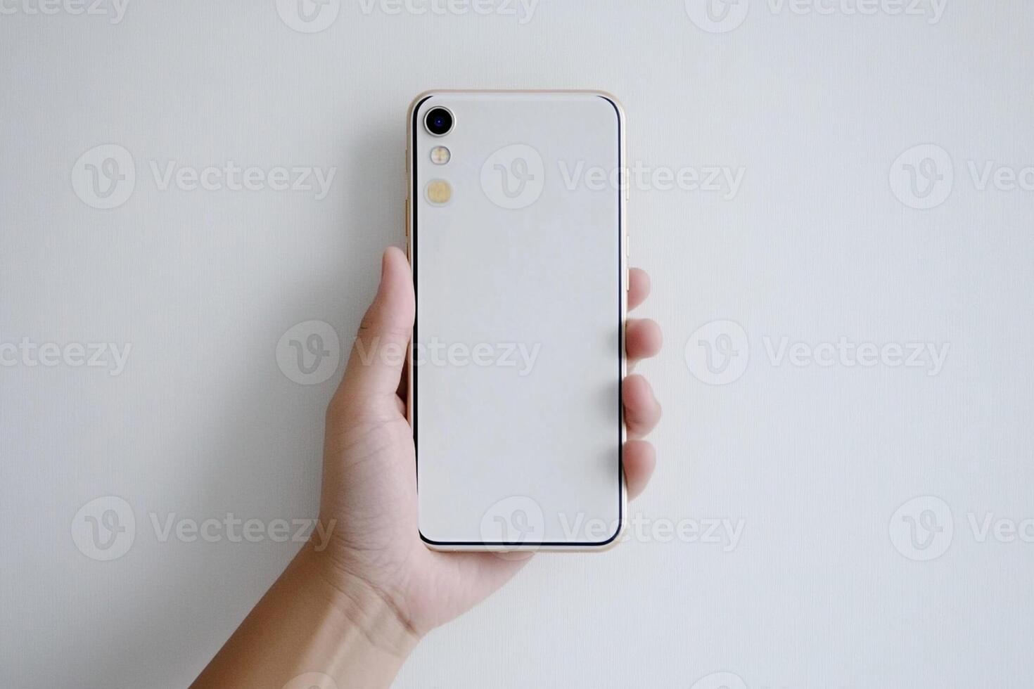 A person holding an iphone with a white back photo
