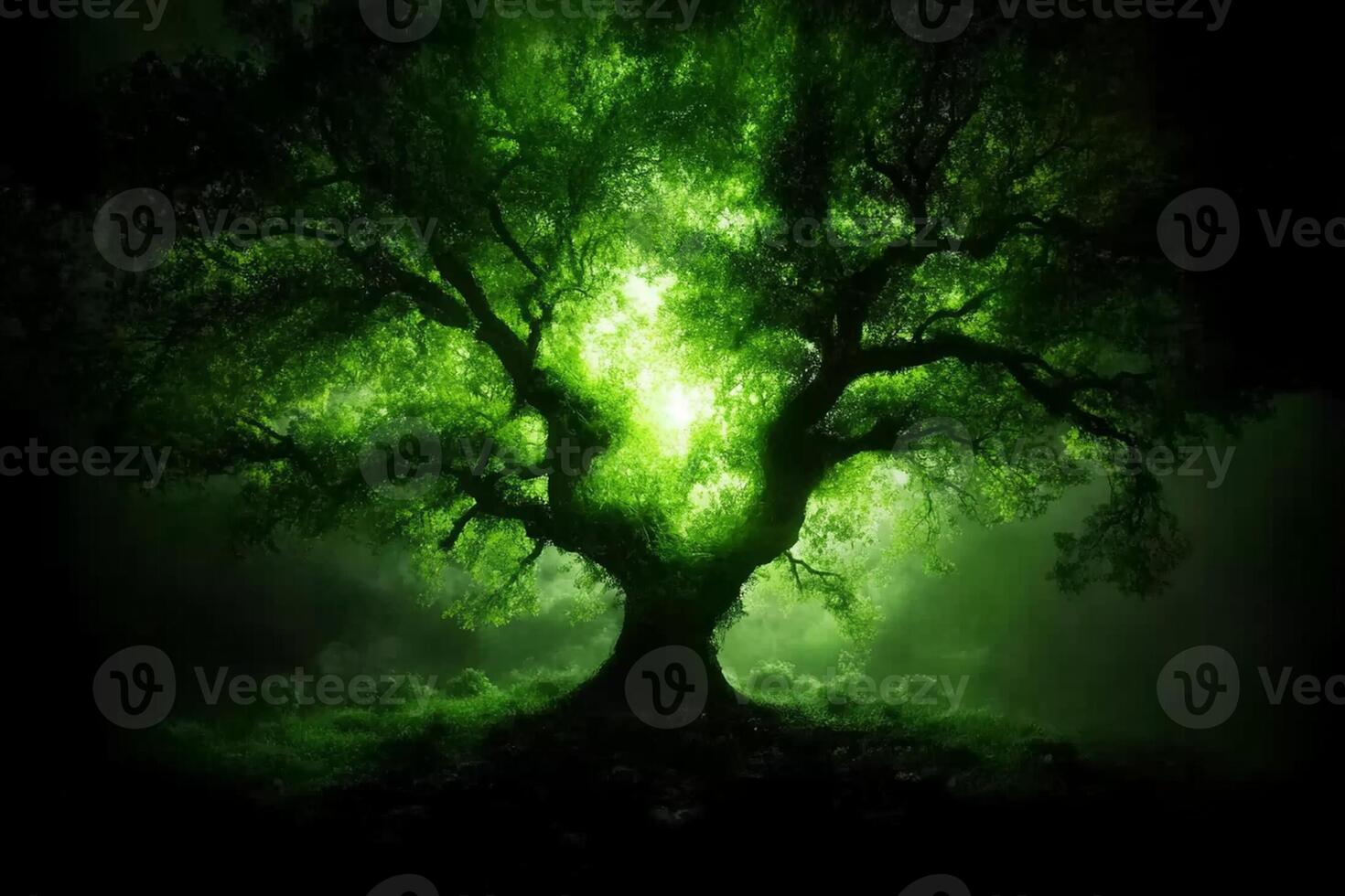 Green tree in the dark with a green glow photo