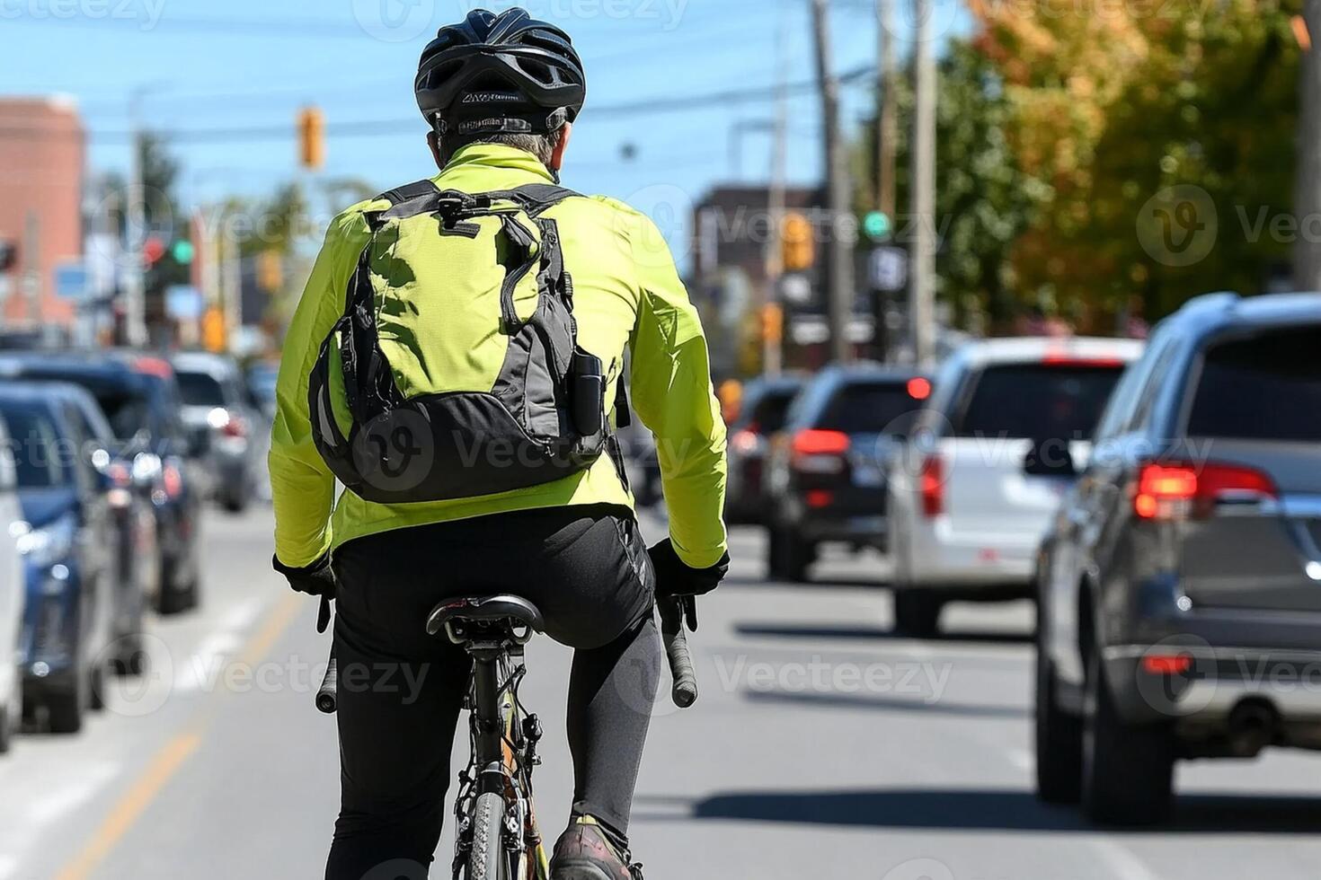 A man in a yellow jacket riding a bike down a busy street photo