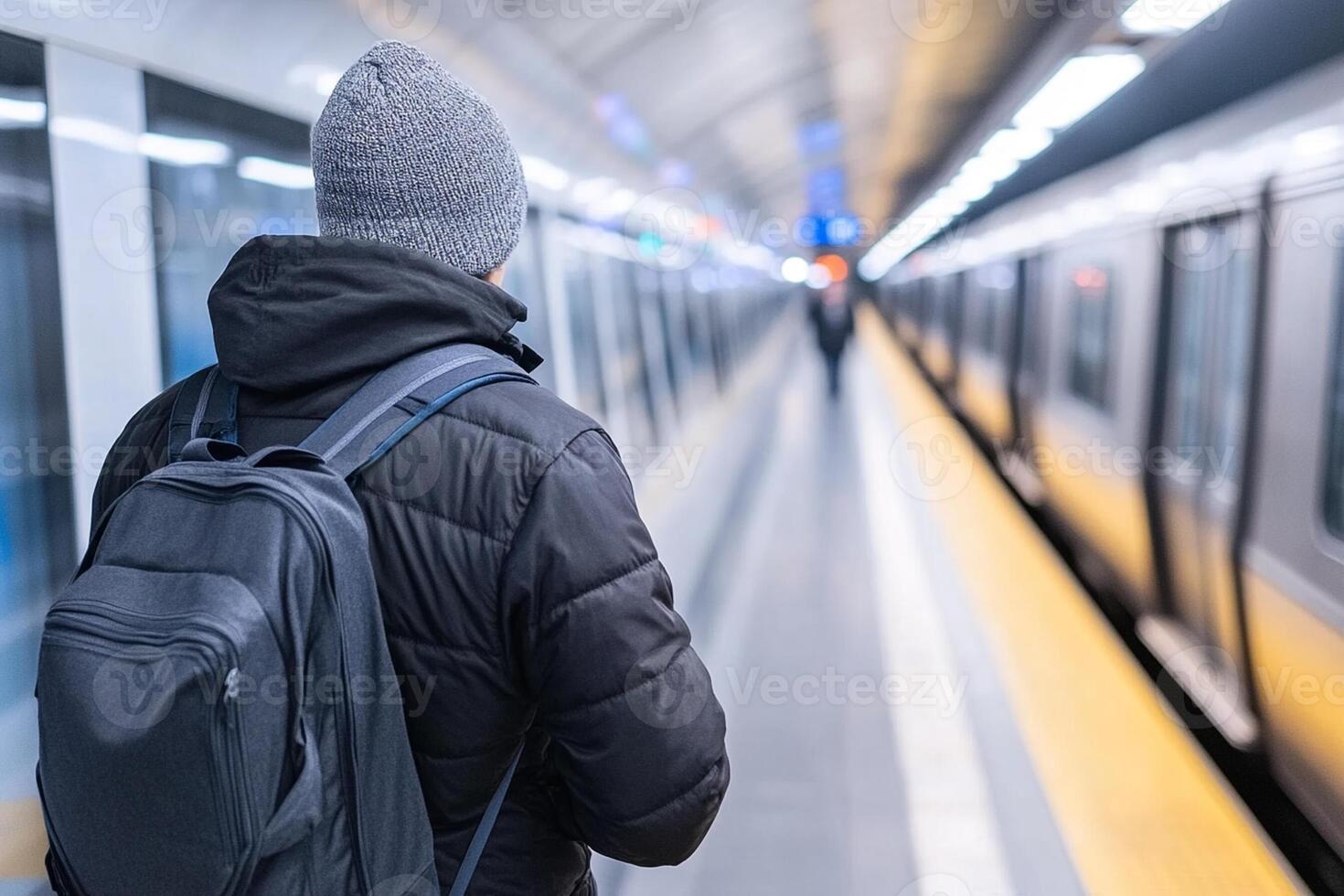 A man with a backpack standing in front of a subway train photo