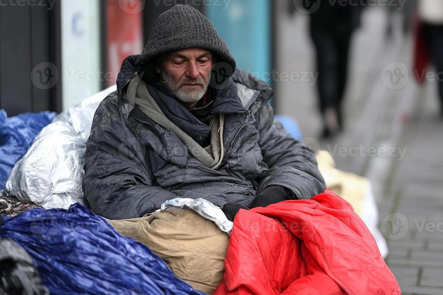 A homeless man sits on the sidewalk with his belongings photo