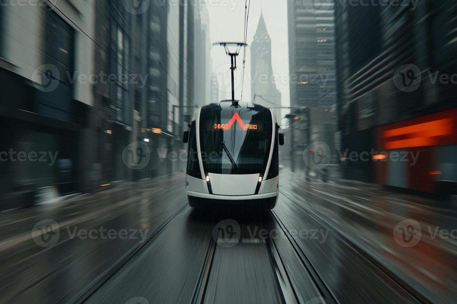 A train traveling down a city street in the rain photo