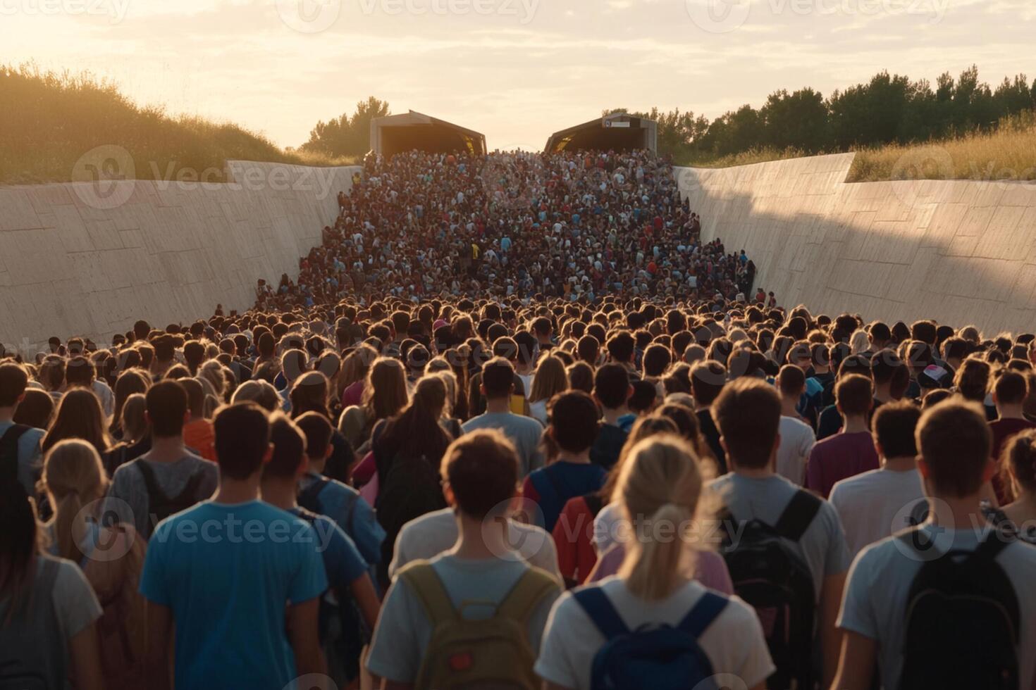 A large crowd of people walking down a path photo