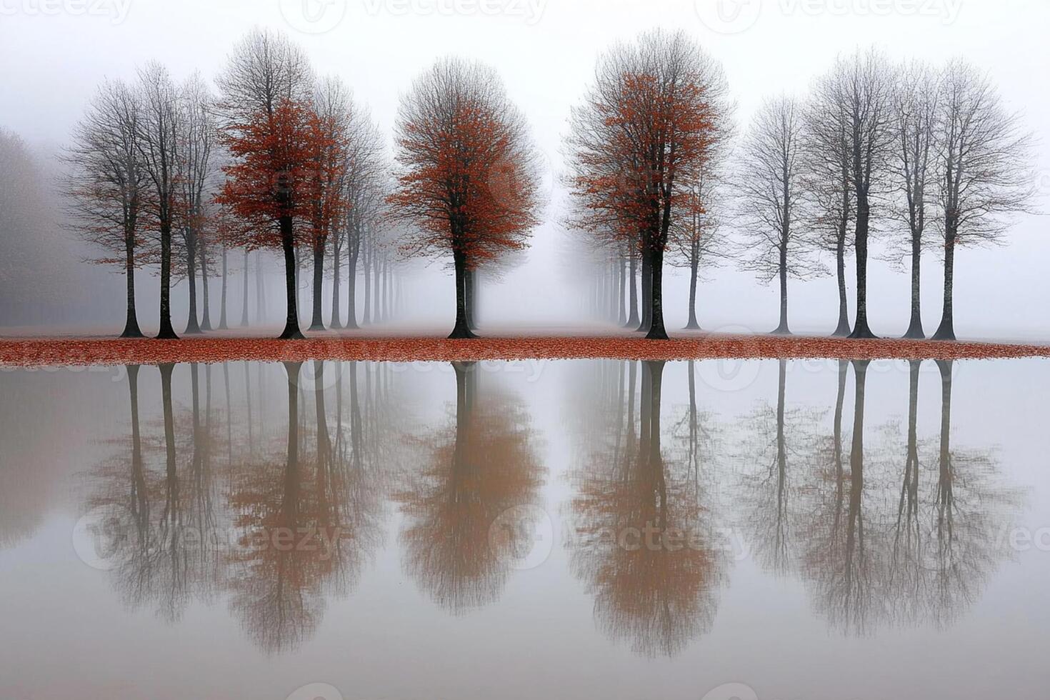 Trees are reflected in the water on a foggy day photo