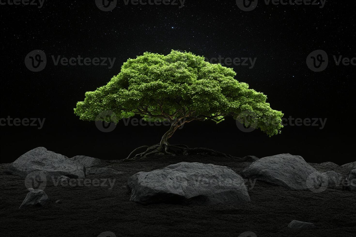 Tree on the moon with rocks and stars photo