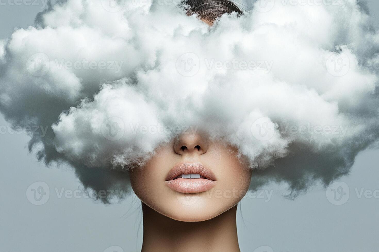 A woman with her eyes covered by clouds photo