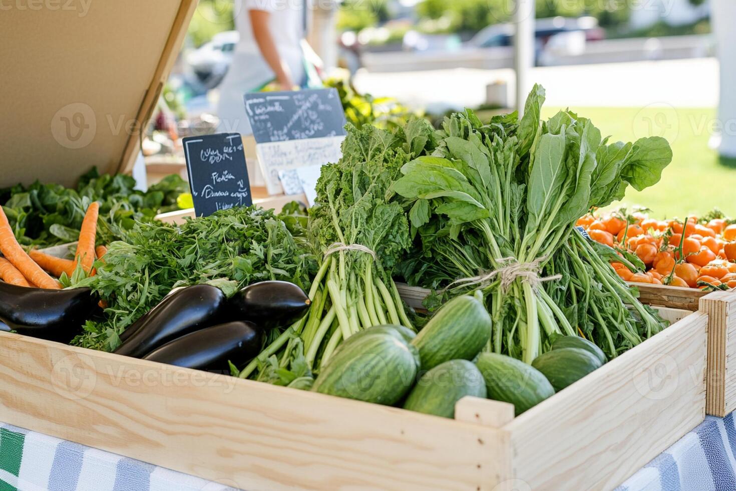 A wooden box filled with fresh vegetables photo