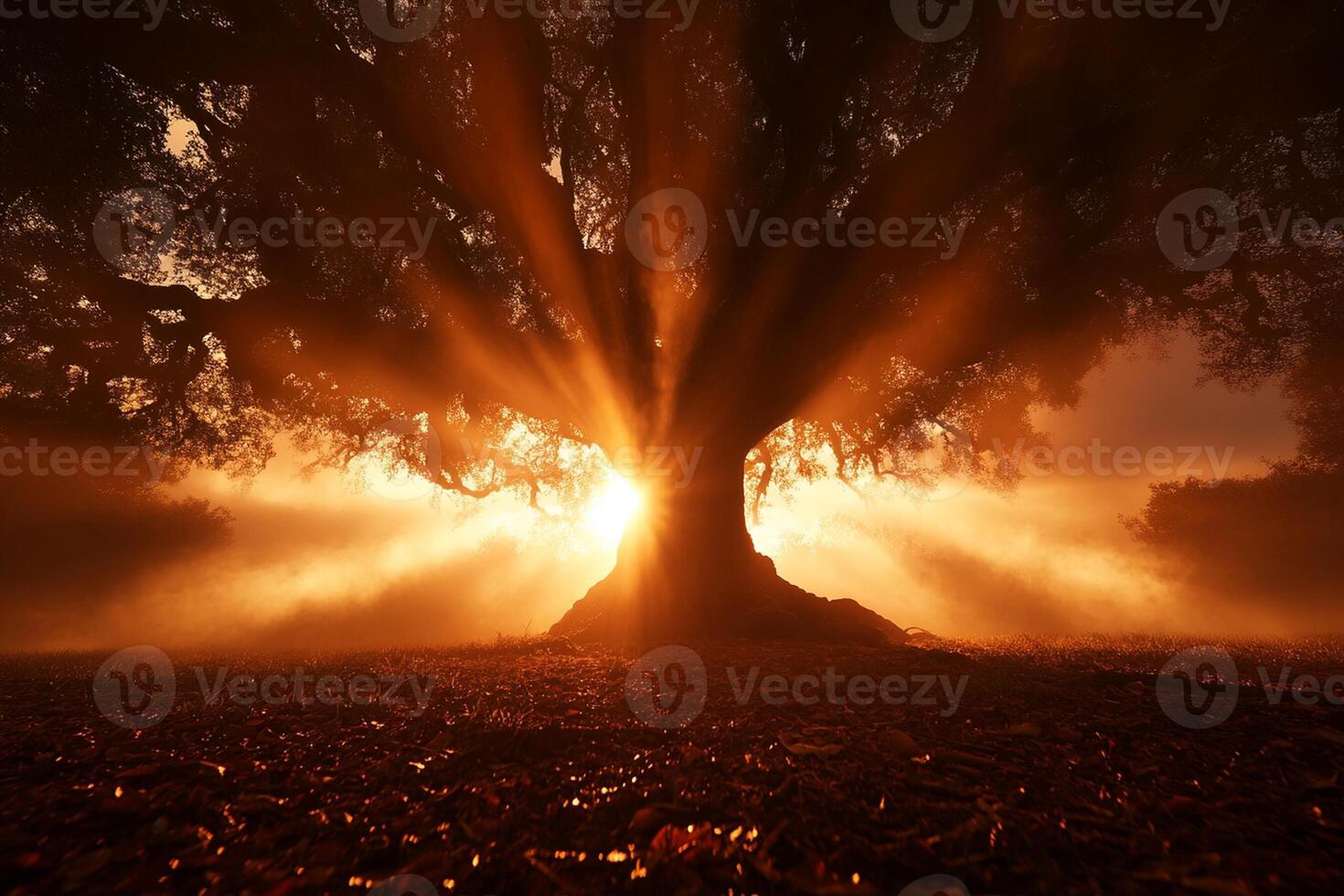 The sun shines through the foggy trees in front of a large tree photo