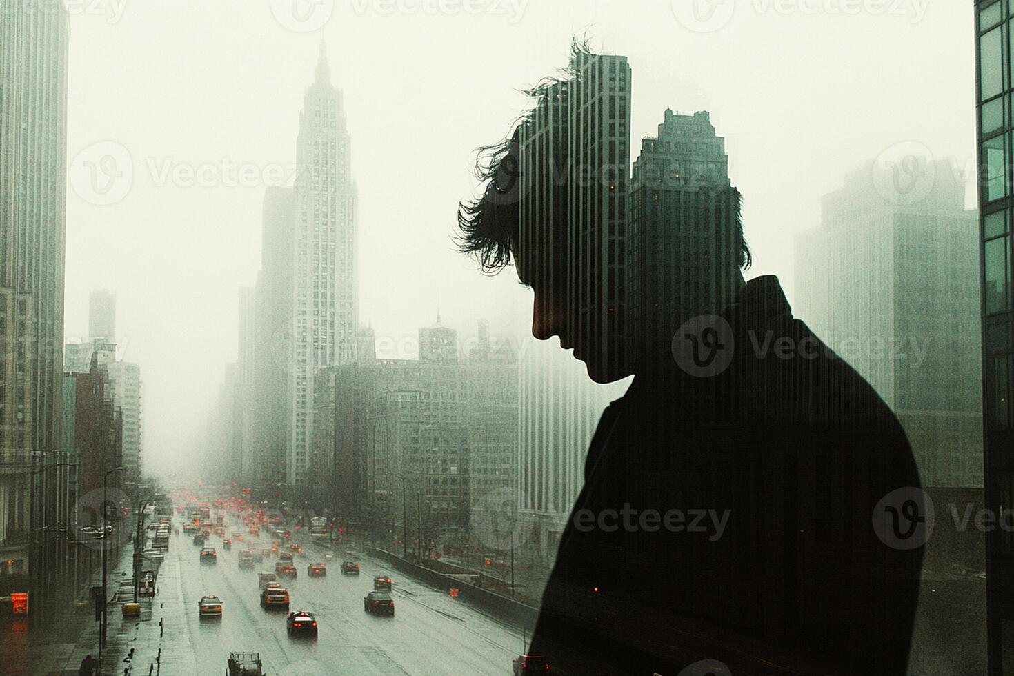 A man is looking out a window at a city photo