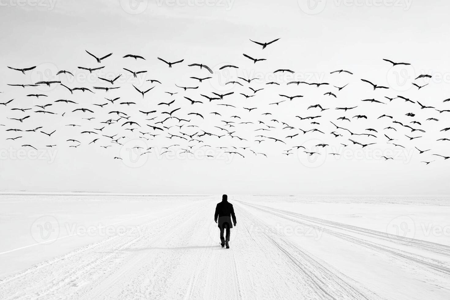 A man standing in the middle of a snowy road surrounded by birds photo