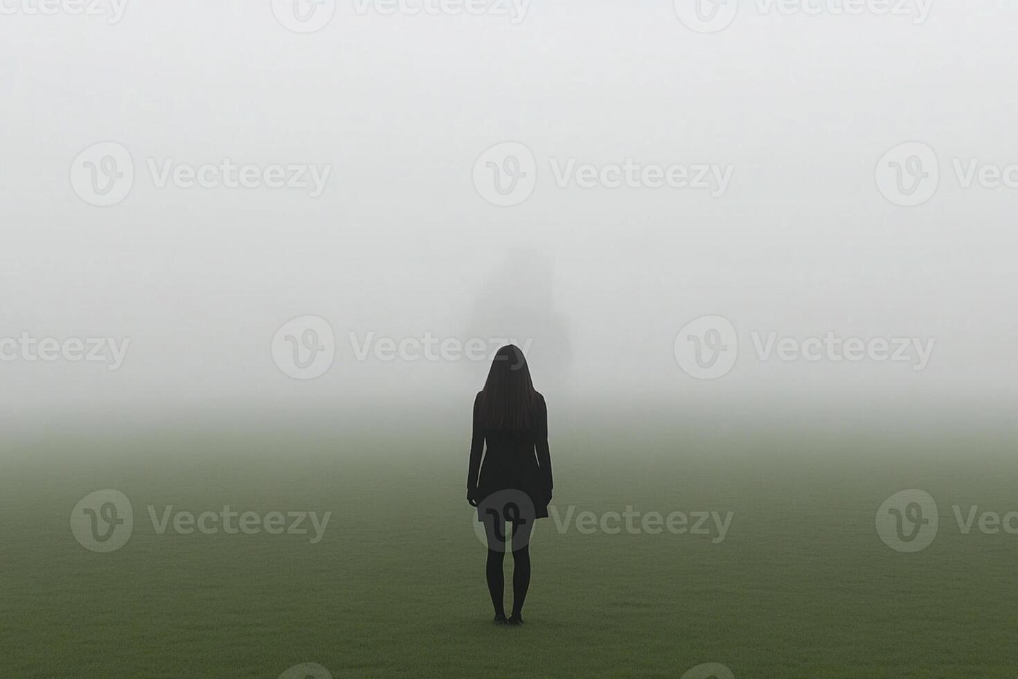 A woman standing in a field with fog photo