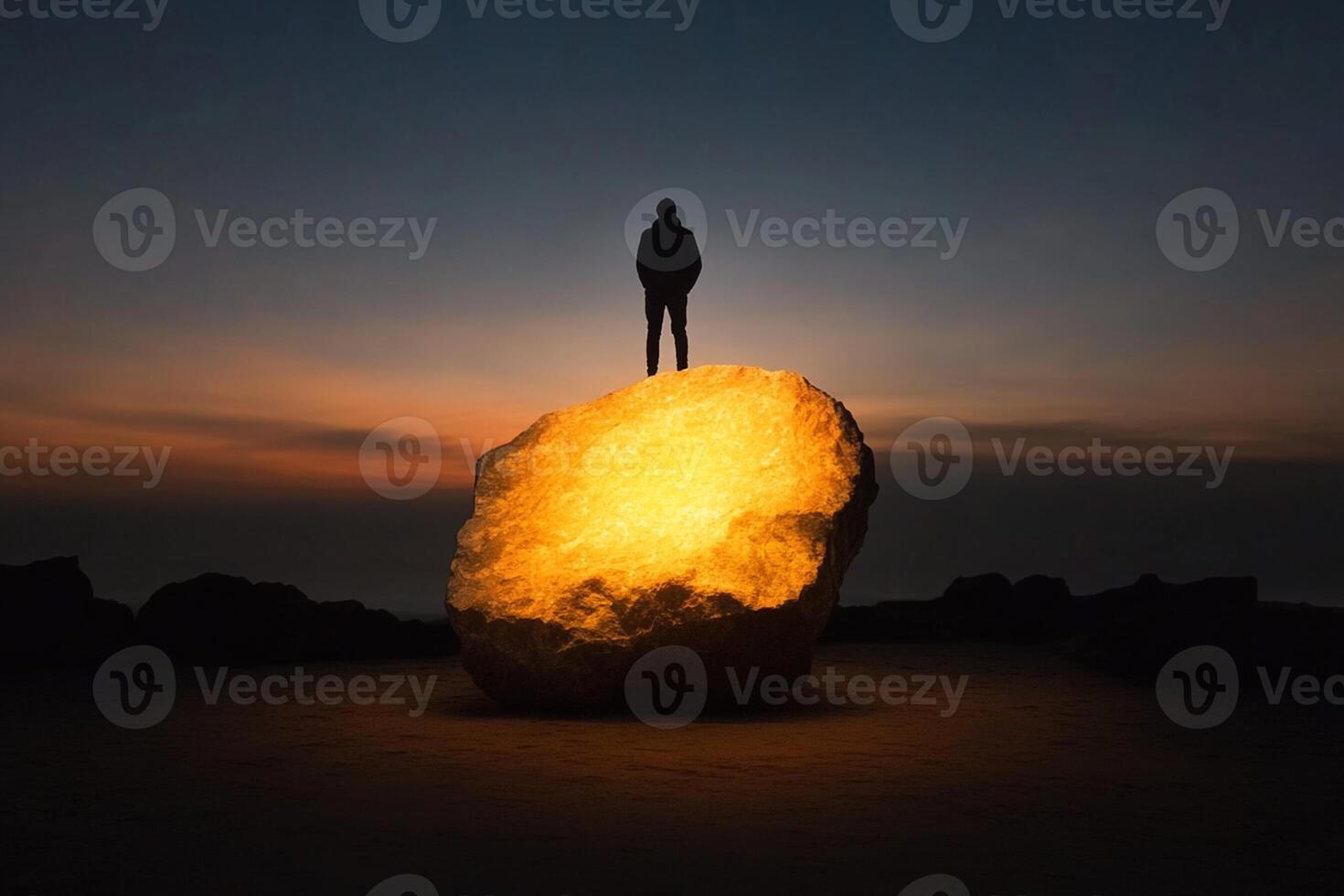 A man stands on top of a rock with a glowing light photo