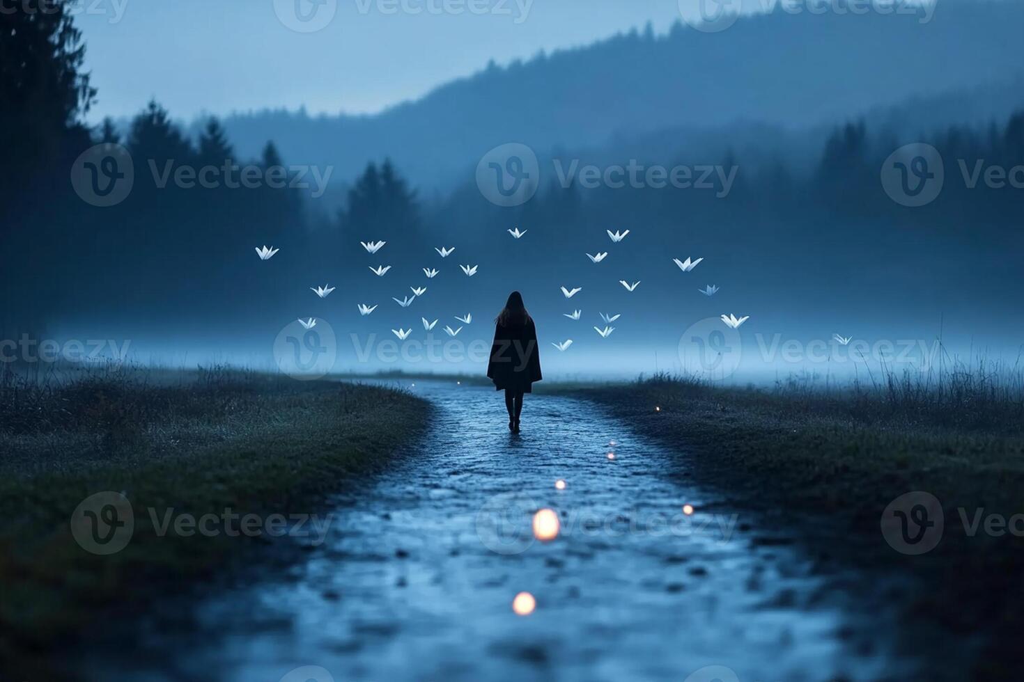 A woman walking down a path with white butterflies flying in the air photo