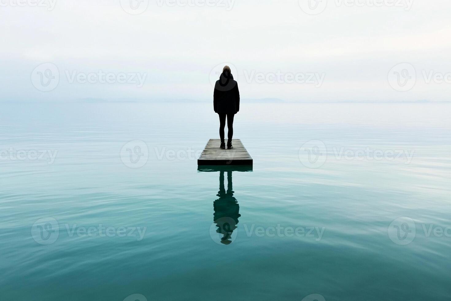 A person standing on a dock in the middle of a body of water photo
